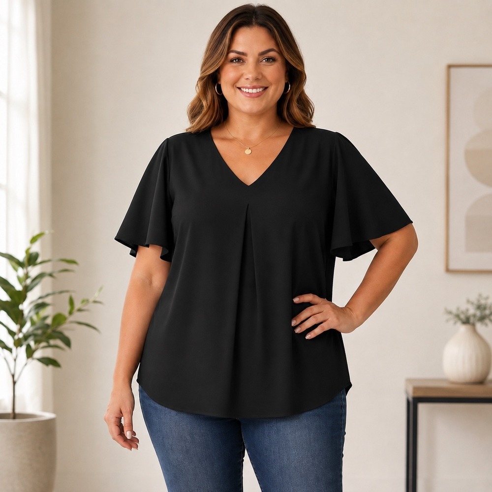 Anyally Black V Neck Flutter Sleeve Pleated Tunic Blouse Top Plus Size 3X Office